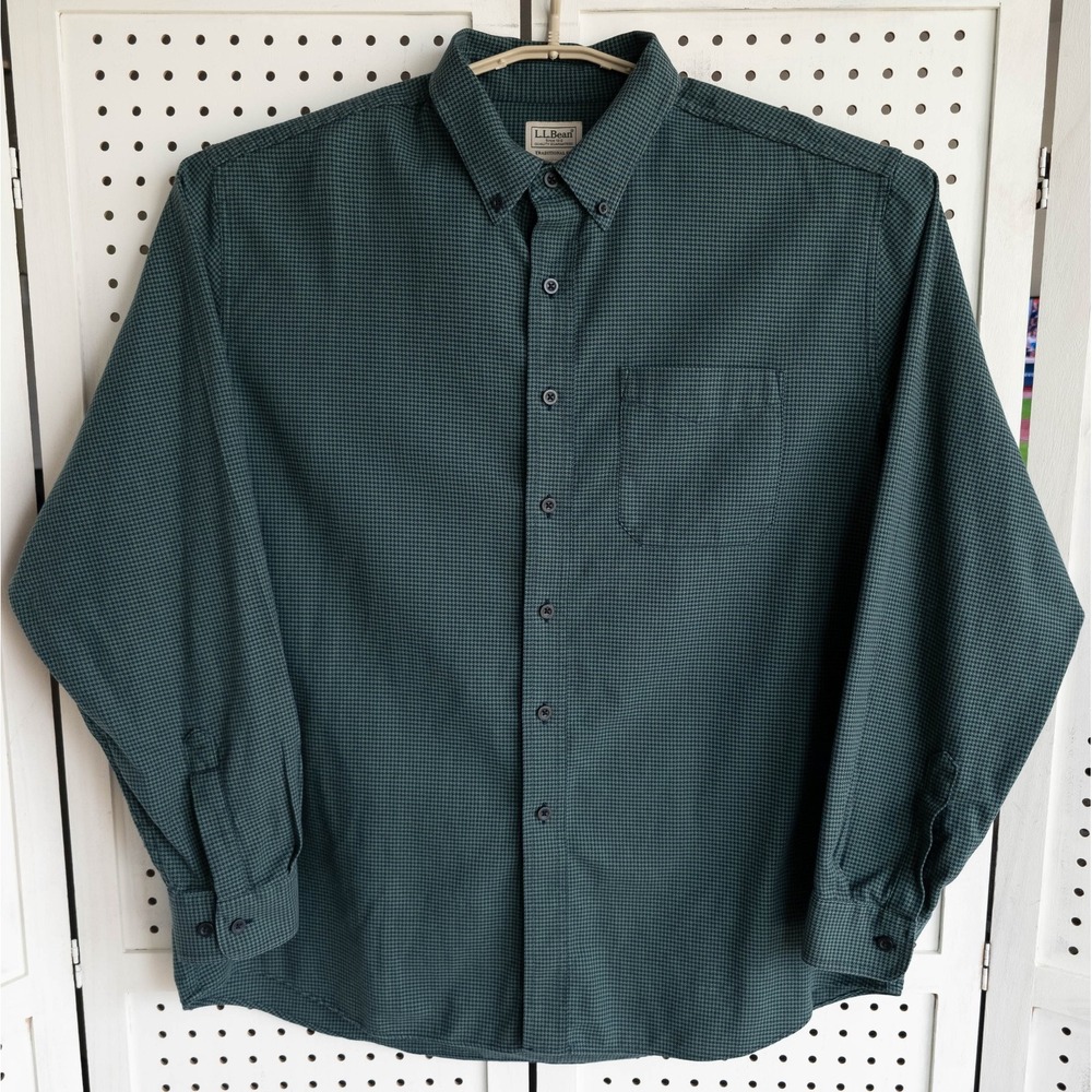 L.L. Bean Mens Shirt SIZE XL Green Houndstooth Traditional Fit Long Sleeves